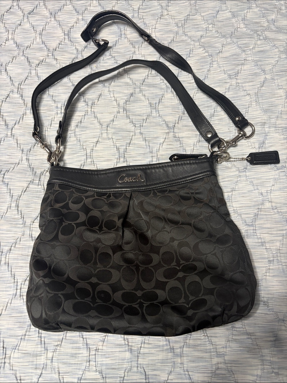 Coach Black Signature Jacquard Shoulder Bag with Leather Trim